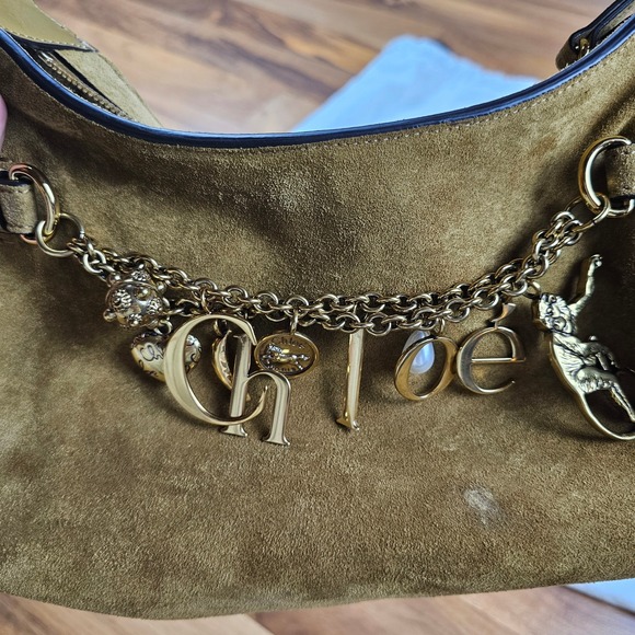 Chloe Logo Charm Hobo Bag Khaki Suede Gold Shoulder Bag - Picture 2 of 11